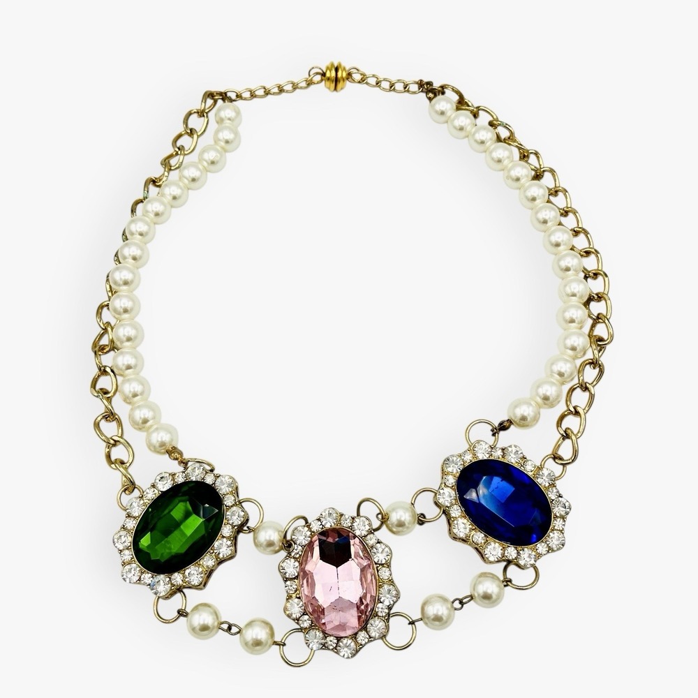 Multicolored Glass Large Rhinestone Necklace‎ Choker Statement Runway Pearl Gold